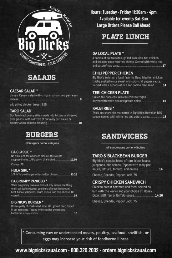 Menu Big Nick's