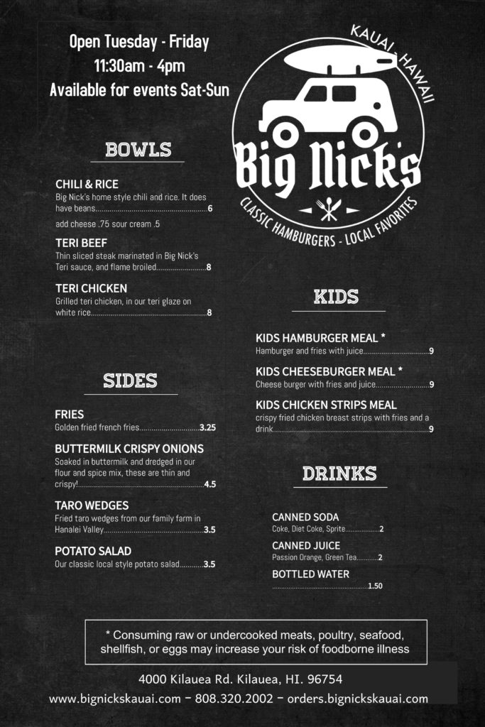 Menu Big Nick's